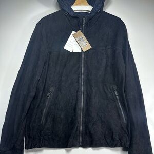 Massimo Dutti Men's Reversible Suede Leather Jacket Bomber Hooded NWT Size L
